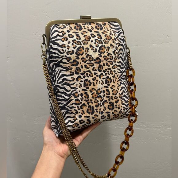 Handmade Genuine Embossed Leather Leopard Print, Metal Frame Handbag/Crossbody - Picture 3 of 14